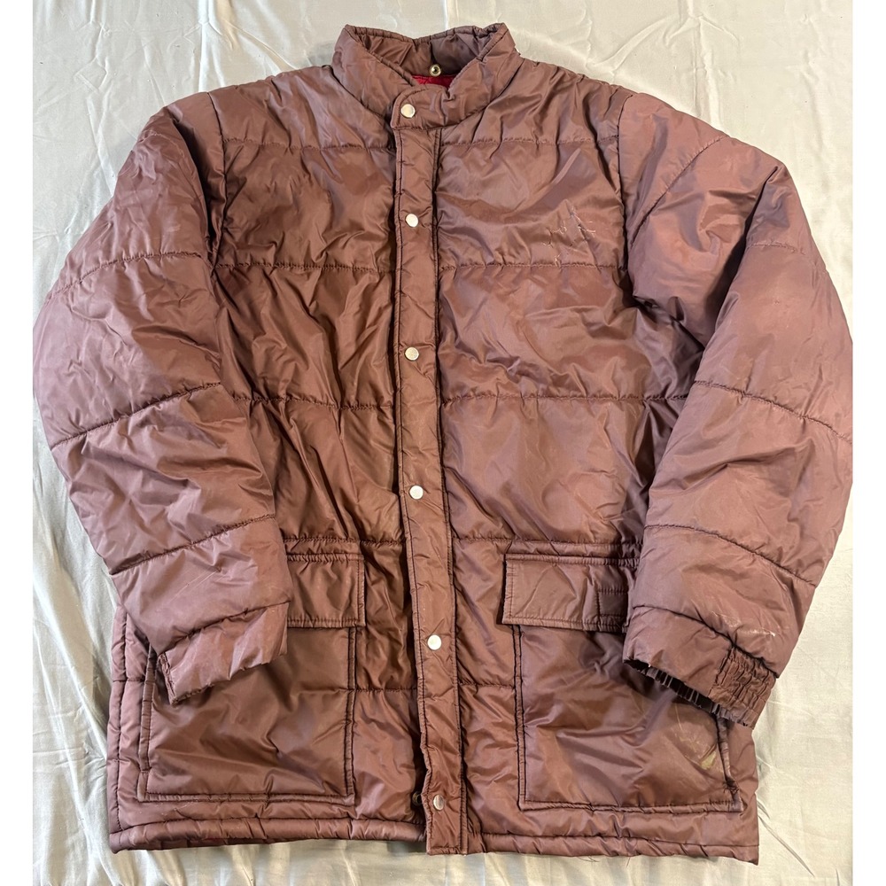 Vintage Montgomery Ward Puffer Jacket Men XL Brown Quilted Snap Front Parka Coat